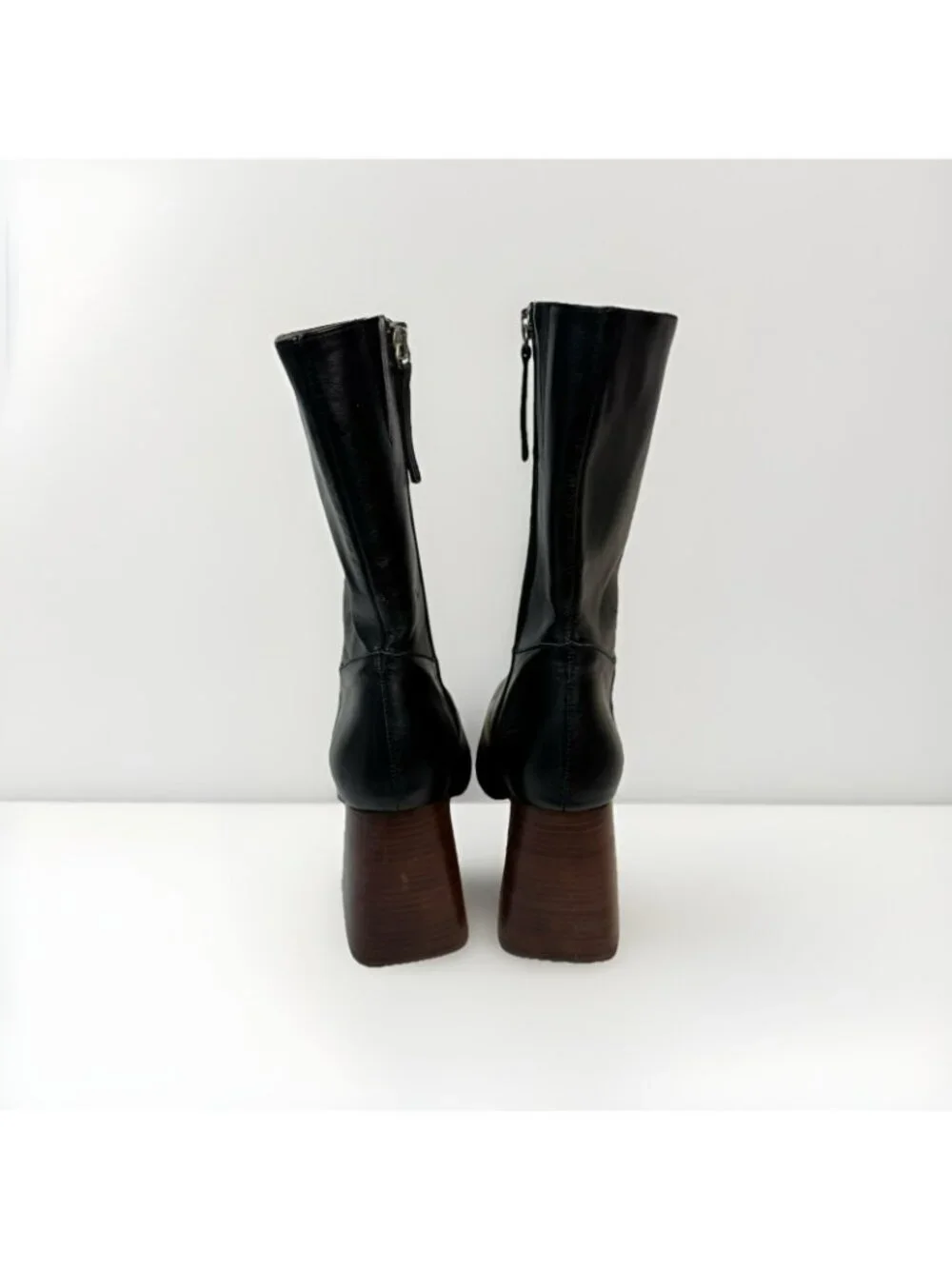 Ana Palma Mid Calf Leather Boots Black Block Heel Square Toe 90s Size 38 US 7 - Picture 5 of 12
